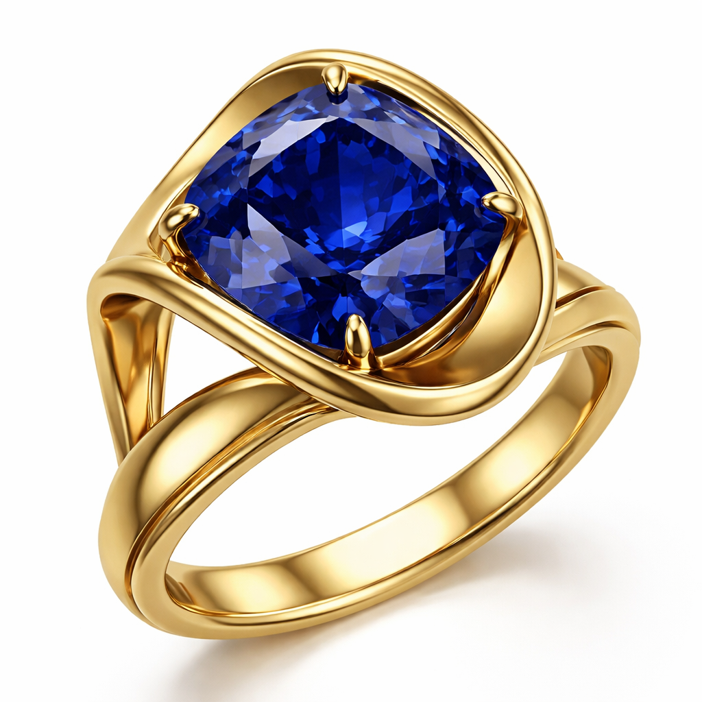 4 carat cushion royal blue sapphire something like contemporary art ring in yellow gold only and with no additional stones