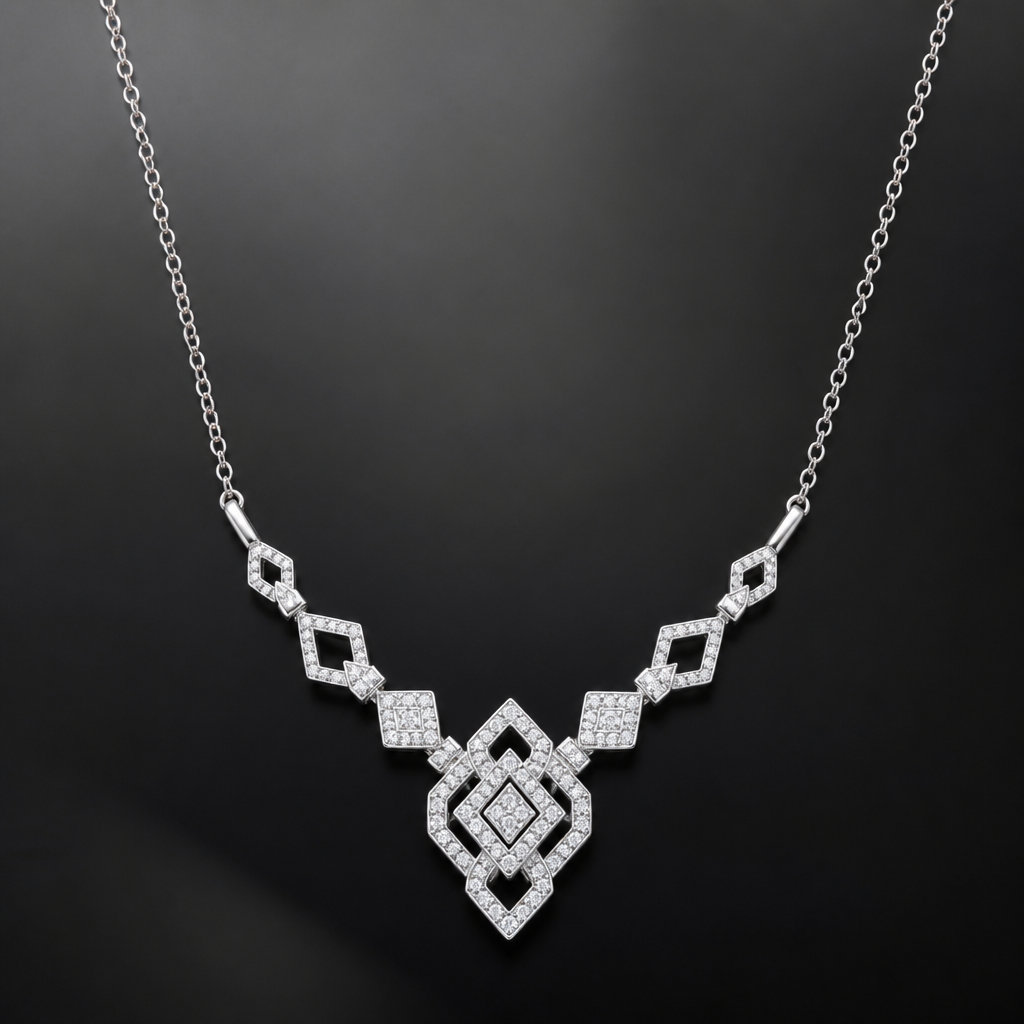A geometric women's necklace made of white gold with diamond stones. necklace named Zainab
photorealistic jewelry design, A geometric women's necklace made of white gold with diamond stones. necklace named Zainab, geometric style, just the design no text