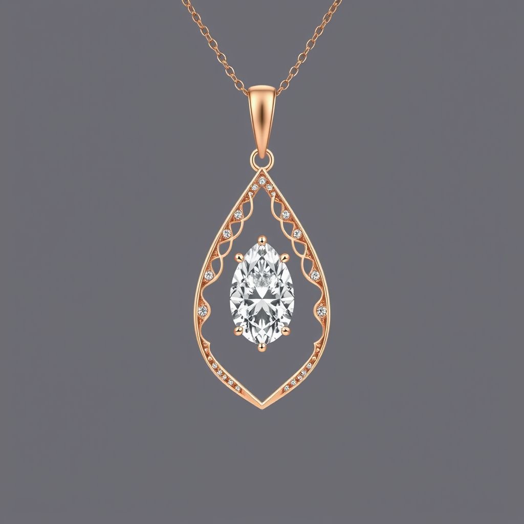 Diamond pendant Design a sleek, modern cuff bracelet featuring asymmetrical angles and a polished finish. Use a combination of brushed matte silver and high-shine gold accents for contrast. Incorporate a single, oval-cut gemstone-perhaps a striking emerald-set at an unconventional angle, creating a bold focal point that exudes contemporary elegance and sophistication.