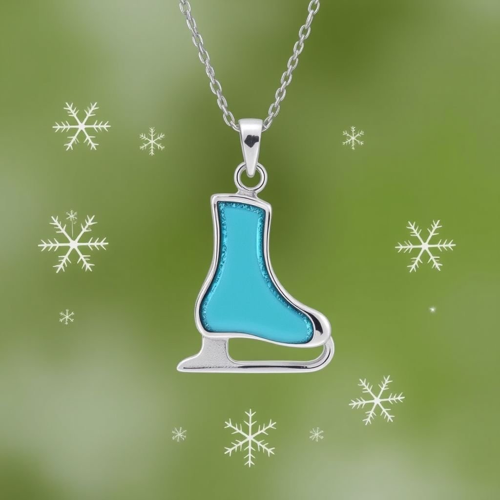 Silver Pendant shape one ice skate with turquoise stripe inside the low thin part blade 