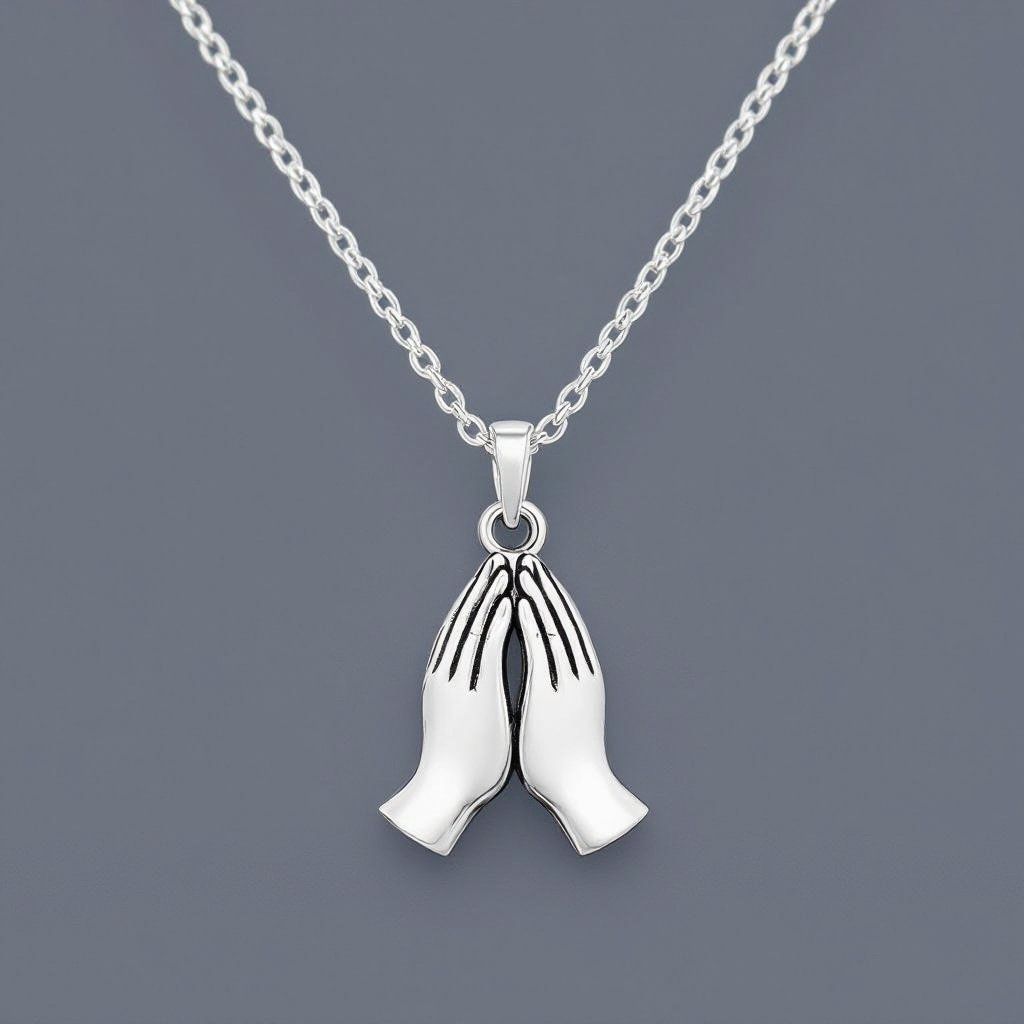 Украшение на шею серебряная цепочка с подвеской в виде двух ладоней сложенных в намасте