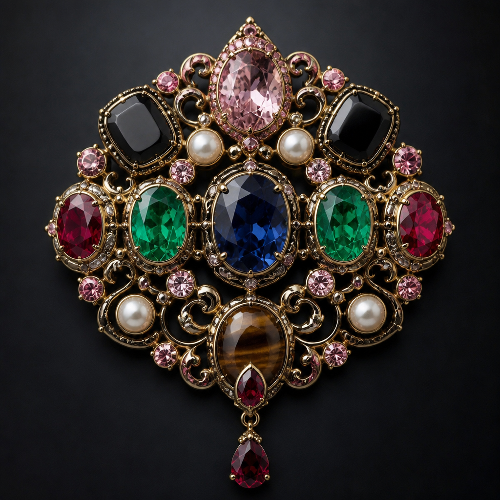 Sapphire emerald pearl pink diamond ruby obsidian painite tiger
photorealistic jewelry design, Sapphire emerald pearl pink diamond ruby obsidian painite tiger, victorian style, just the design no text