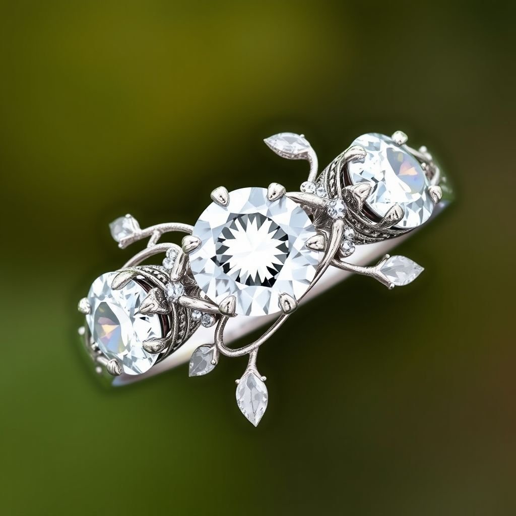 Engagement ring with 3 round stones that is nature inspired with vines in the band and little marquis diamonds as leaves with a unique asymmetrical design mirrored on either side.
Design a vintage-inspired engagement ring featuring three antique round cut stones, reminiscent of Edwardian elegance. The band intertwines with delicate vines, crafted in ornate filigree, accented by marquise diamonds resembling dewdrops on leaves. The asymmetrical design, echoing nature's beauty, captures the charm of a bygone era while ensuring modern appeal.