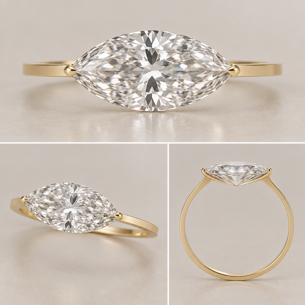 A women's ring, detailed and decorative, moderately ornate. Create a high-end photorealistic fine-jewelry rendering of a minimalist floating marquise engagement ring, using the attached real-world floating/semi-bezel marquise ring as the construction reference for how a large marquise can be supported close to the finger. Do not copy its visible bezel; translate its low-profile structural concept into the design described below.
The ring features one single 1.90 carat marquise-cut diamond, oriented east-to-west, on an extremely thin, perfectly flat 18k yellow-gold band. The diamond is intentionally oversized relative to the delicate shank and must visually dominate the ring.
Visible stone retention consists of ONLY TWO extremely tiny yellow-gold point claws, one precisely at the east tip and one precisely at the west tip. Each claw should hug the pointed end of the marquise and appear almost like a tiny continuation of the gold band. The claws must be refined, narrow, sharp, and integrated—not round beads, balls, hooks, loops, chevrons, or large prongs. They should cover the absolute minimum amount of the diamond possible while providing realistic edge security.
The flat shank should flow continuously and smoothly into the two point claws. There should be no raised shoulders, no upward hooks, no bulbous transitions, no decorative curves, and no conventional four-prong or six-prong appearance.
The diamond should appear visually suspended above the band from the front. Do not place any visible gold underneath the center of the diamond. No gold nugget, gold bump, culet ball, center post, pedestal, basket, gallery rail, crossbar, decorative bridge, halo, bezel surrounding the stone, or other obvious mounting structure should be visible through the face-up view.
Beneath the diamond, use the minimum physically necessary structural support, inspired by the low-profile construction of a real floating/semi-bezel marquise ring. Any support must be extremely thin, broad enough to distribute the load, and follow the natural underside/pavilion geometry of the diamond rather than forming a lump. It should sit immediately beneath the pavilion and remain visually concealed by the diamond from the face-up and normal 3/4 views. The support must never protrude downward as a visible gold post or nugget.
The pavilion must have realistic depth and clearance. The stone must sit at a believable height above the finger for a real 1.90 ct marquise while remaining exceptionally low-profile. The design should look like something an expert jeweler could actually fabricate and wear every day—not an unsupported floating CGI object.
Diamond shape is critical: preserve a graceful, elegant marquise outline with pointed east and west ends and smoothly curved upper and lower arcs. Do not make the stone overly round, swollen, football-shaped, pear-shaped, oval, or distorted. Maintain consistent marquise proportions in every view.
Show the exact same ring, exact same diamond, and exact same setting in three coordinated views:
1. Straight-on face-up view: the marquise is perfectly horizontal and centered. The diamond dominates the composition. Only the two tiny point claws are visible at the extreme east and west tips. The band appears to pass directly behind the stone.
2. 3/4 perspective view: reveal the thin flat yellow-gold shank and the true low-profile relationship between the diamond and band. Show the tiny tip claws and subtle concealed pavilion support without introducing additional visible prongs or decorative metal.
3. True side/profile view: show the actual pavilion depth, realistic clearance above the finger, and the minimum structural support required beneath the diamond. The support should look like a thin engineered seat integrated into the setting, not a gold ball, nugget, pedestal, basket, or thick gallery.
Maintain identical diamond proportions, orientation, scale, band thickness, claw placement, and setting architecture across all three views. Do not redesign the ring between angles.
Materials: realistic polished 18k yellow gold, extremely thin flat shank, natural high-quality colorless diamond, physically accurate diamond facets, realistic reflections and refraction, realistic metal thickness, realistic contact points, realistic jewelry engineering.
Overall aesthetic: quiet luxury, architectural minimalism, exceptionally delicate, contemporary, sophisticated, diamond-first. The visual impression should be an enormous marquise diamond held almost invisibly by two tiny gold points over an impossibly simple flat gold band, while the unseen construction remains physically credible.
photorealistic jewelry design, A women's ring, detailed and decorative, moderately ornate. Create a high-end photorealistic fine-jewelry rendering of a minimalist floating marquise engagement ring, using the attached real-world floating/semi-bezel marquise ring as the construction reference for how a large marquise can be supported close to the finger. Do not copy its visible bezel; translate its low-profile structural concept into the design described below.
The ring features one single 1.90 carat marquise-cut diamond, oriented east-to-west, on an extremely thin, perfectly flat 18k yellow-gold band. The diamond is intentionally oversized relative to the delicate shank and must visually dominate the ring.
Visible stone retention consists of ONLY TWO extremely tiny yellow-gold point claws, one precisely at the east tip and one precisely at the west tip. Each claw should hug the pointed end of the marquise and appear almost like a tiny continuation of the gold band. The claws must be refined, narrow, sharp, and integrated—not round beads, balls, hooks, loops, chevrons, or large prongs. They should cover the absolute minimum amount of the diamond possible while providing realistic edge security.
The flat shank should flow continuously and smoothly into the two point claws. There should be no raised shoulders, no upward hooks, no bulbous transitions, no decorative curves, and no conventional four-prong or six-prong appearance.
The diamond should appear visually suspended above the band from the front. Do not place any visible gold underneath the center of the diamond. No gold nugget, gold bump, culet ball, center post, pedestal, basket, gallery rail, crossbar, decorative bridge, halo, bezel surrounding the stone, or other obvious mounting structure should be visible through the face-up view.
Beneath the diamond, use the minimum physically necessary structural support, inspired by the low-profile construction of a real floating/semi-bezel marquise ring. Any support must be extremely thin, broad enough to distribute the load, and follow the natural underside/pavilion geometry of the diamond rather than forming a lump. It should sit immediately beneath the pavilion and remain visually concealed by the diamond from the face-up and normal 3/4 views. The support must never protrude downward as a visible gold post or nugget.
The pavilion must have realistic depth and clearance. The stone must sit at a believable height above the finger for a real 1.90 ct marquise while remaining exceptionally low-profile. The design should look like something an expert jeweler could actually fabricate and wear every day—not an unsupported floating CGI object.
Diamond shape is critical: preserve a graceful, elegant marquise outline with pointed east and west ends and smoothly curved upper and lower arcs. Do not make the stone overly round, swollen, football-shaped, pear-shaped, oval, or distorted. Maintain consistent marquise proportions in every view.
Show the exact same ring, exact same diamond, and exact same setting in three coordinated views:
1. Straight-on face-up view: the marquise is perfectly horizontal and centered. The diamond dominates the composition. Only the two tiny point claws are visible at the extreme east and west tips. The band appears to pass directly behind the stone.
2. 3/4 perspective view: reveal the thin flat yellow-gold shank and the true low-profile relationship between the diamond and band. Show the tiny tip claws and subtle concealed pavilion support without introducing additional visible prongs or decorative metal.
3. True side/profile view: show the actual pavilion depth, realistic clearance above the finger, and the minimum structural support required beneath the diamond. The support should look like a thin engineered seat integrated into the setting, not a gold ball, nugget, pedestal, basket, or thick gallery.
Maintain identical diamond proportions, orientation, scale, band thickness, claw placement, and setting architecture across all three views. Do not redesign the ring between angles.
Materials: realistic polished 18k yellow gold, extremely thin flat shank, natural high-quality colorless diamond, physically accurate diamond facets, realistic reflections and refraction, realistic metal thickness, realistic contact points, realistic jewelry engineering.
Overall aesthetic: quiet luxury, architectural minimalism, exceptionally delicate, contemporary, sophisticated, diamond-first. The visual impression should be an enormous marquise diamond held almost invisibly by two tiny gold points over an impossibly simple flat gold band, while the unseen construction remains physically credible., modern style, just the design no text