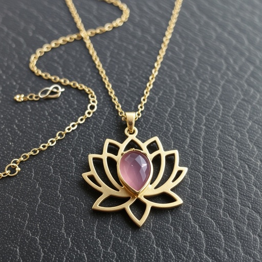 Золотая матовая цепочка. Подвеска лотос шесть лепестков. В сердце лотоса матовый розовый кварц овальный