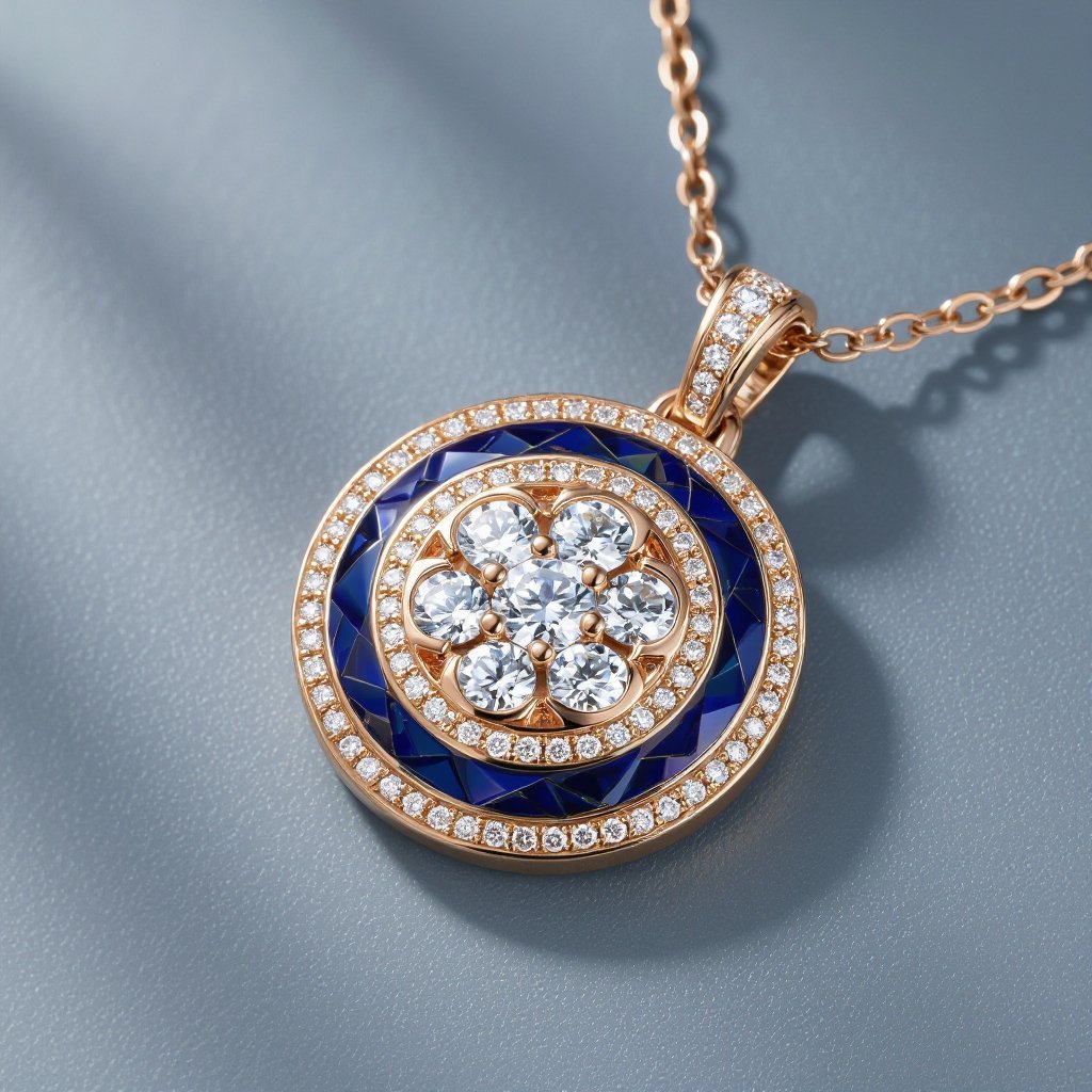 Pendant of different colors Geomatric edge of diamonds shaded of edge element in water background and vibes Rose gold , geometric diamonds, bezel set.  motif, blue enamel. Rose gold , geometric diamonds, bezel set.  motif, blue enamel.