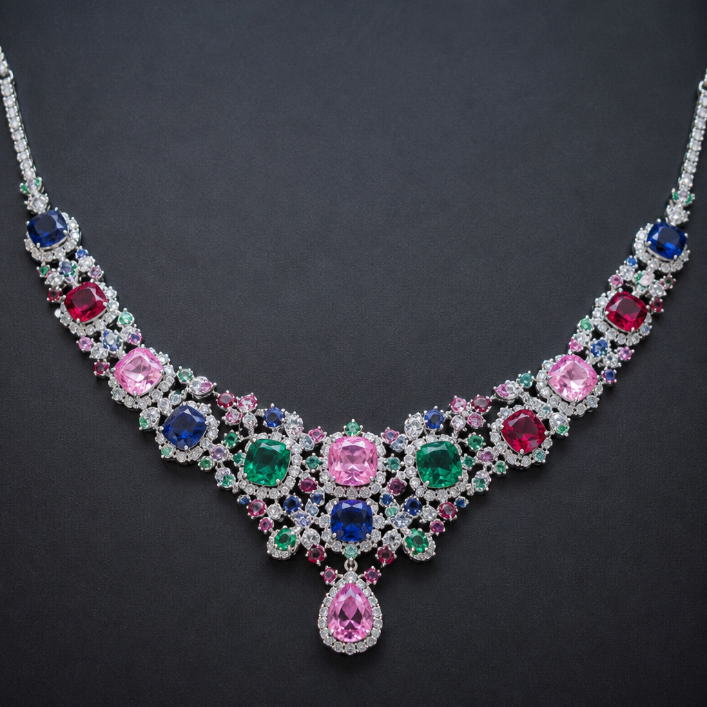 Pink diamond ruby emerald sapphire rhodium necklace
photorealistic jewelry design, Pink diamond ruby emerald sapphire rhodium necklace , just the design no text