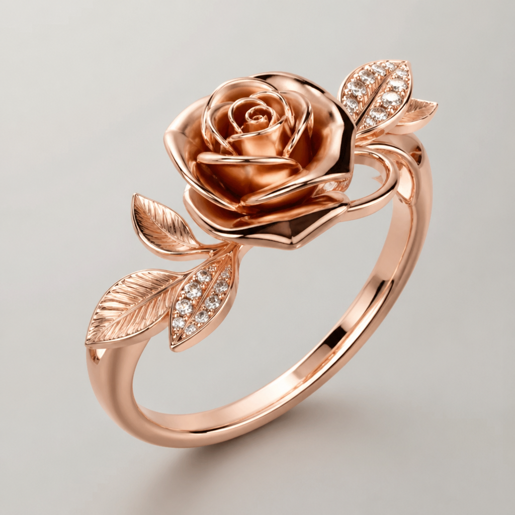 A women's ring. Rose con foglie
photorealistic jewelry design, A women's ring. Rose con foglie, modern style, just the design no text