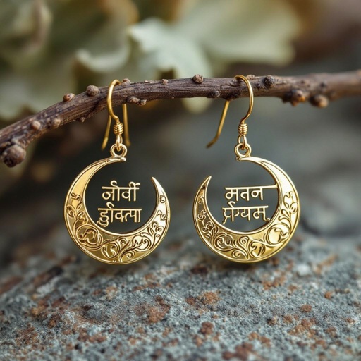 Серьги золотые в форме тонкого изящного полумесяца, полукруг как продолжение застежки, на полукруге надписи мантрами на санскрите