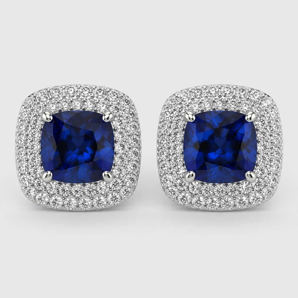 Earrings with cushion shape sapphire and diamonds
photorealistic jewelry design, Earrings with cushion shape sapphire and diamonds , pave style, just the design no text