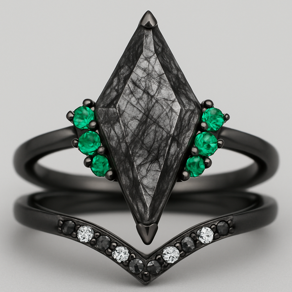 Black band, long kite cut rutilated black quartz, emerald accent stones 3 on each side in a cluster, add a wedding band that curves around the top of the main stone with black and white stones