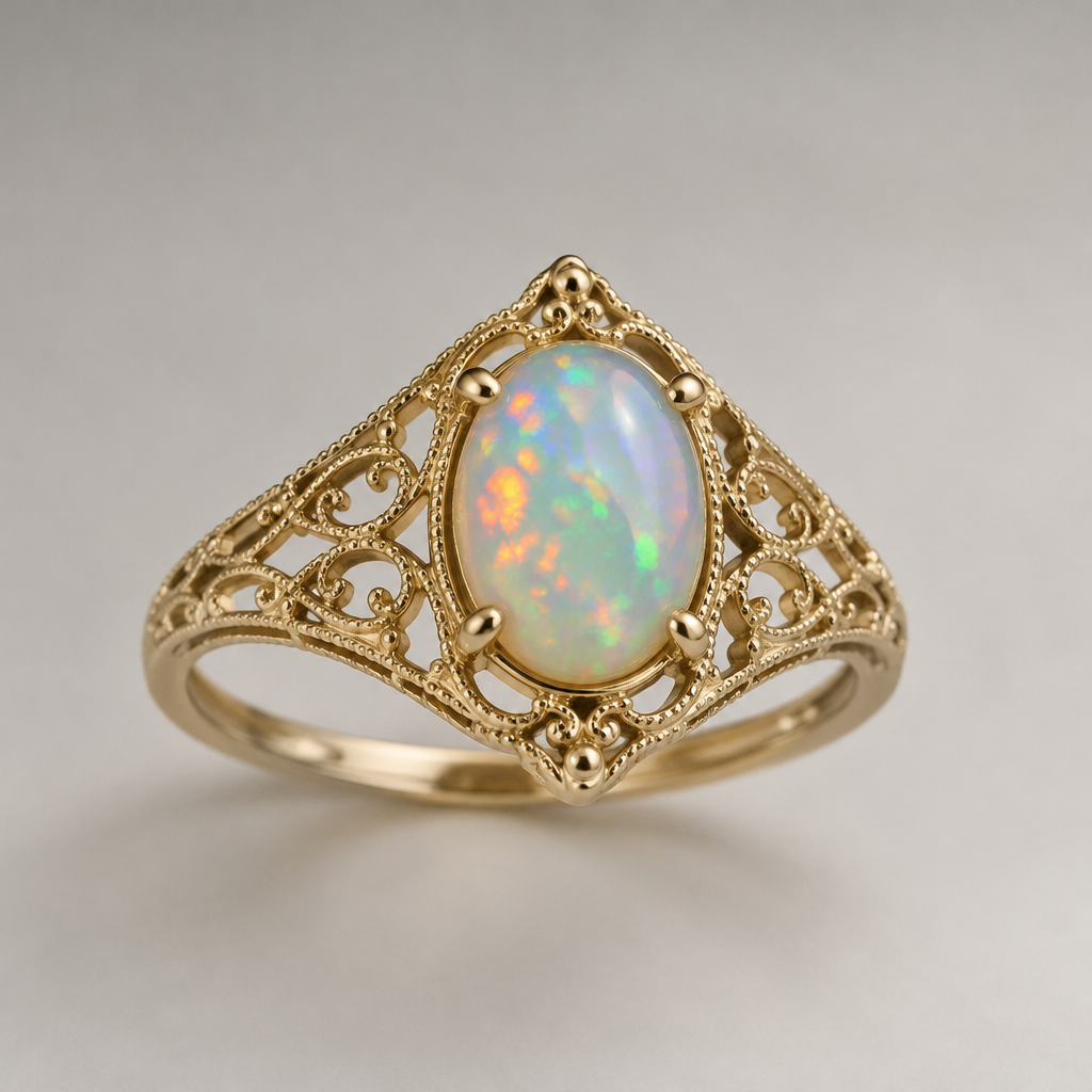 Stone opal 6x8mm
photorealistic jewelry design, Stone opal 6x8mm, filigree style, just the design no text