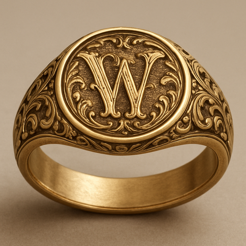 Gold signet ring that has a fancy W in the middle with fancy design on the out side band