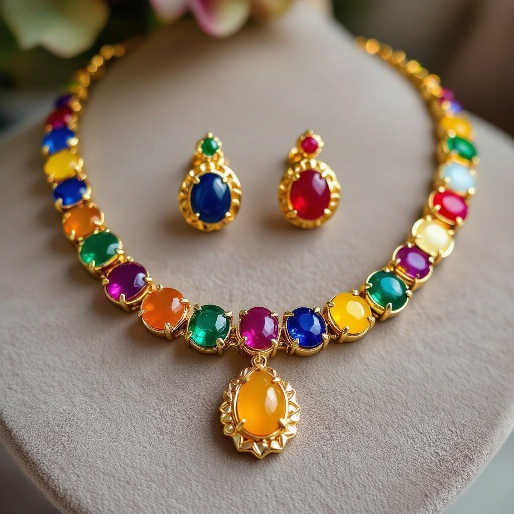 Necklace and ring and earring with luxury colorful jewel with gold