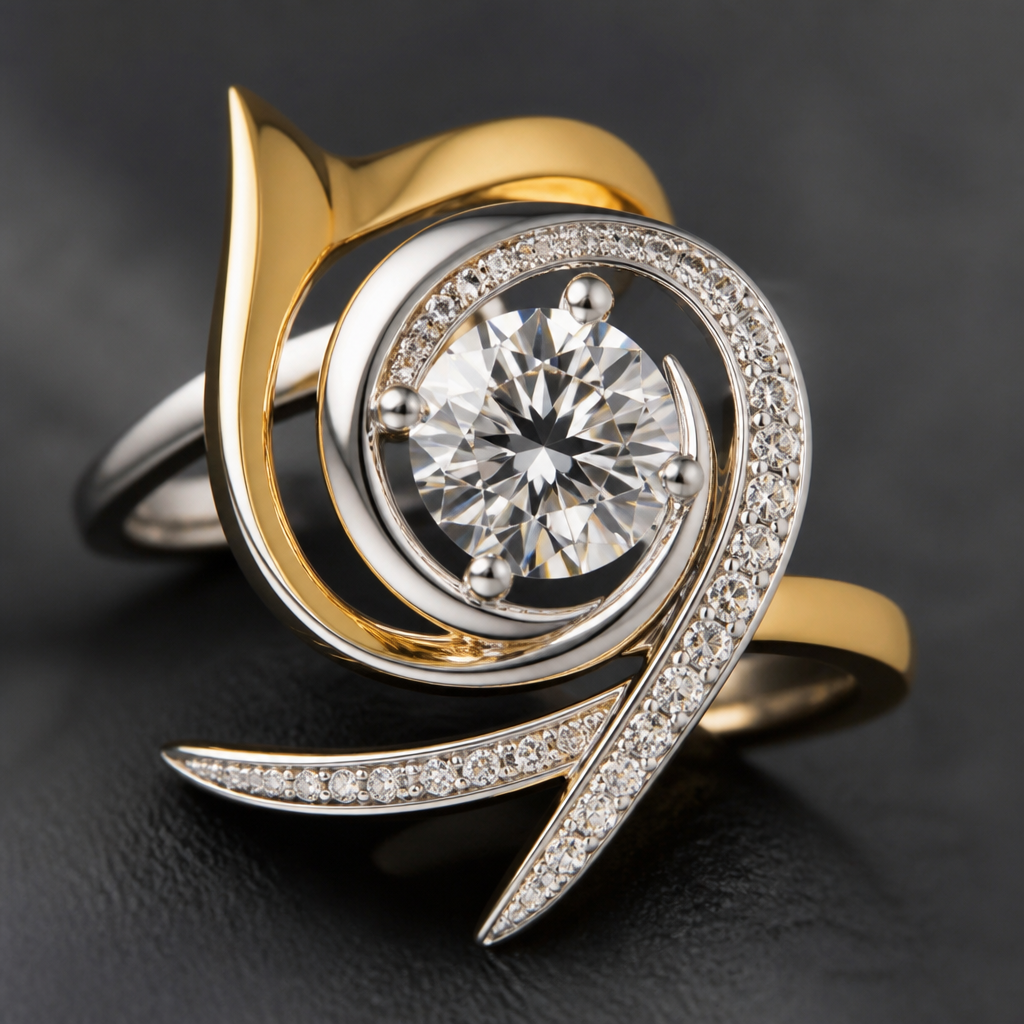 A avant-garde women's ring made of mixed metal with diamond stones suitable for festival. An extraordinary excellent beautiful delicate and elegant solitaire women ring. Face of the ring.
photorealistic jewelry design, A avant-garde women's ring made of mixed metal with diamond stones suitable for festival. An extraordinary excellent beautiful delicate and elegant solitaire women ring. Face of the ring., avant_garde style, just the design no text