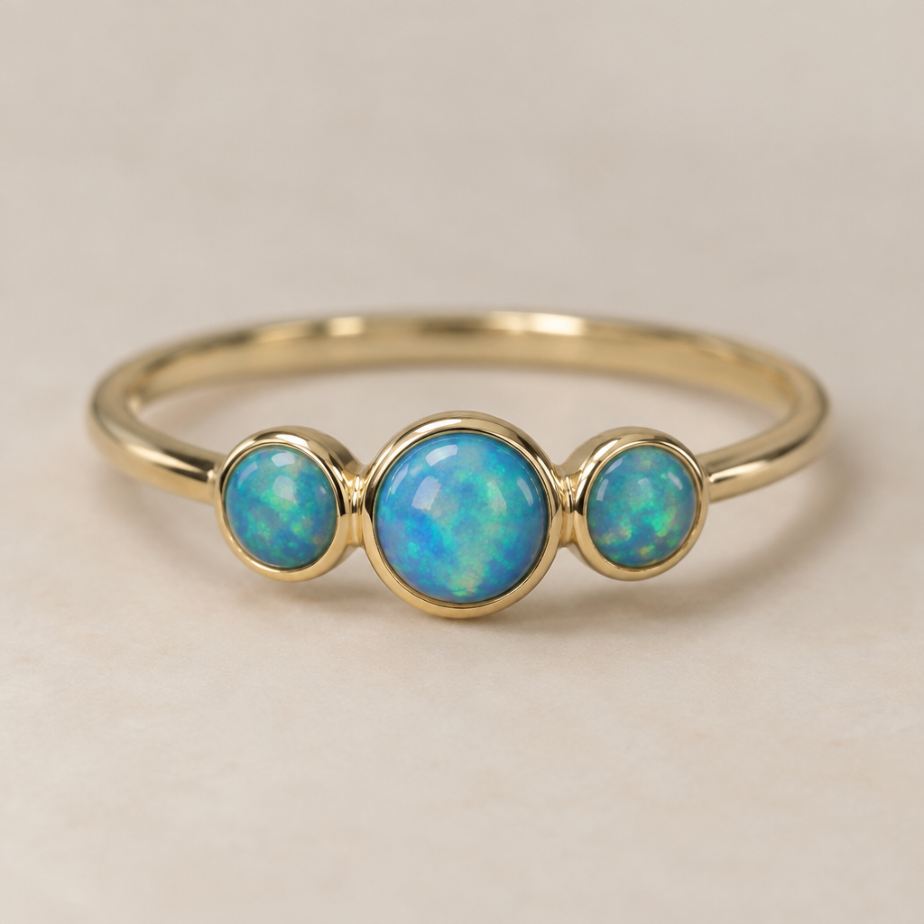 Thin gold band with three blu green opals in a bezel settings
photorealistic jewelry design, Thin gold band with three blu green opals in a bezel settings , just the design no text