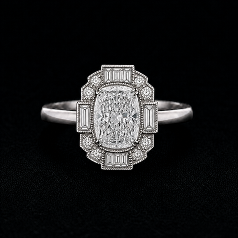Rearrange halo so it looks like an art deco brooch
edit the attached jewelry design with these instructions: Rearrange halo so it looks like an art deco brooch. keep it photorealistic, just the design no text