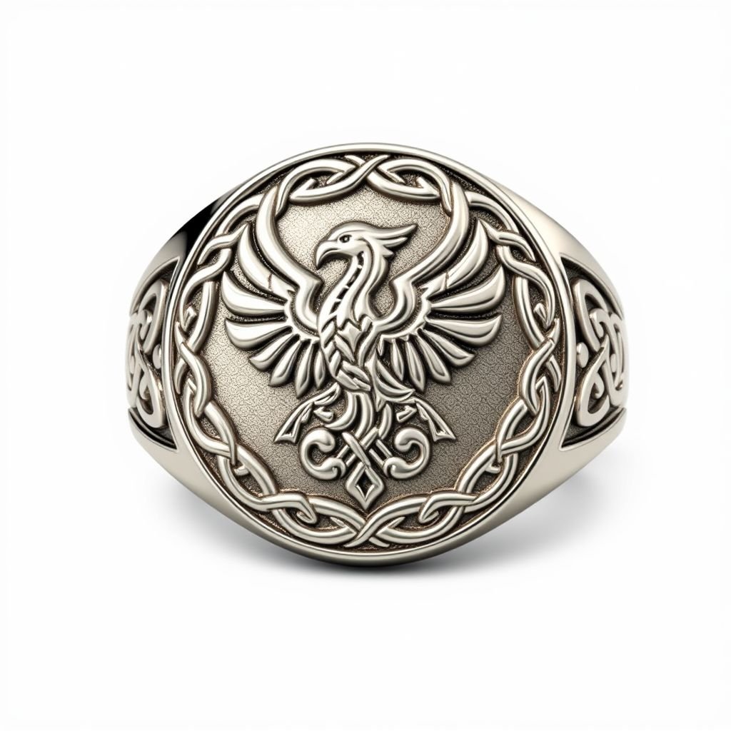 A silver segnit ring with a phoenix symbol printed on it for men