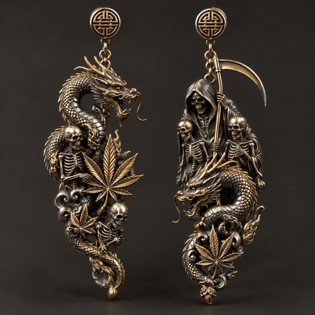 A asian-inspired men's earrings made of mixed metal suitable for anniversary. a dragon with a potleaf a reaper and 2 skeltons
photorealistic jewelry design, A asian-inspired men's earrings made of mixed metal suitable for anniversary. a dragon with a potleaf a reaper and 2 skeltons, asian_inspired style, just the design no text