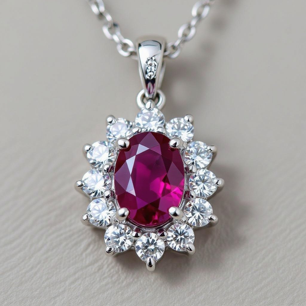 7x5mm oval pigeon blood ruby with 8 marquis cut diamonds each .08ct set in white gold pendant 