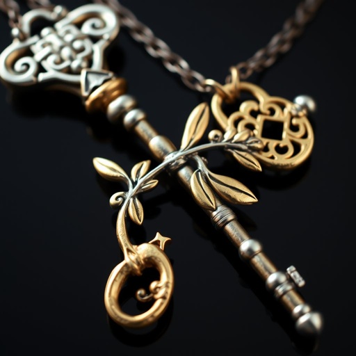 Old skeleton key shape gold and silver tones with olive branch turning on leg and keffieh print on the tip