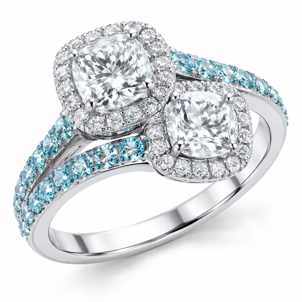 Ring with 2 cushion cut diamonds each one has a halo surround, one is a little smaller than the other, keep the same, but add an aquamarine detail to the band