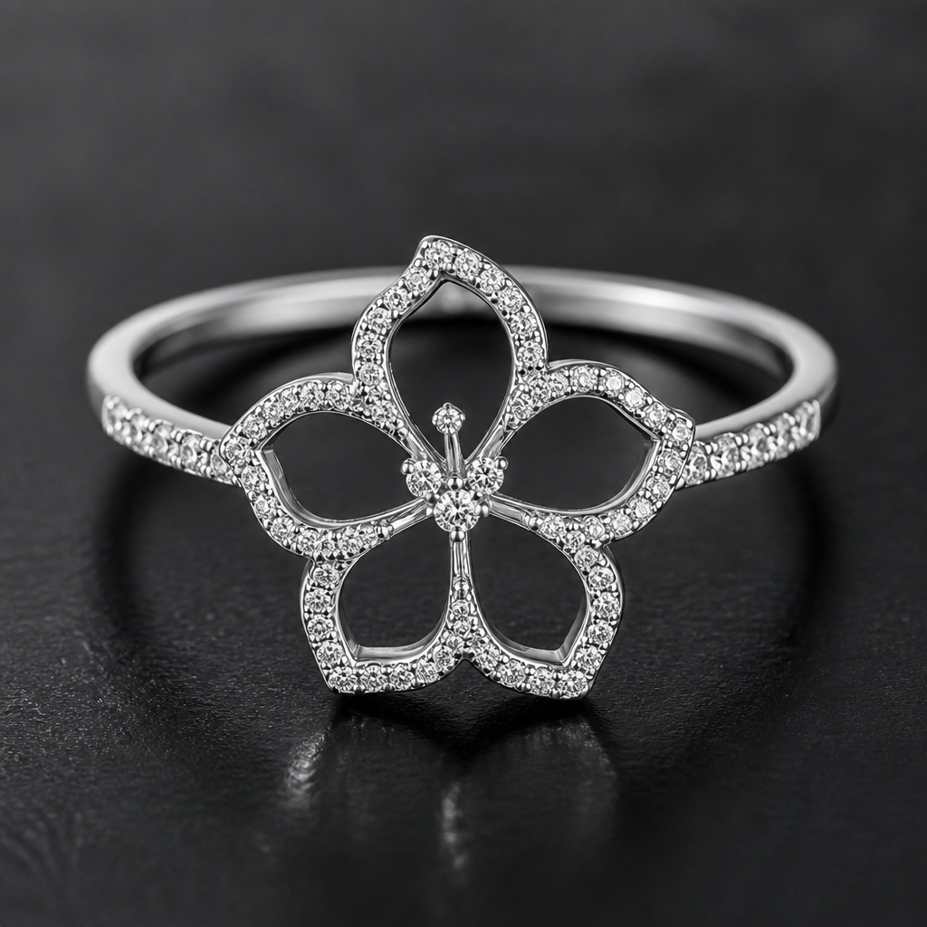 A women's ring made of silver with diamond stones. hibicus ligne fine, (diamand poutours des petales vide, toutes les petales) et delicat ,3 tres petit diamand dans le milieu au bout de la tige interieur de la fleur vide, plus detail, 5 petales chaine de chaque coté, tige qui ne depasse la fleur, minimaliste mince féminin, avec anneau pas de chaine, un peu diamant sur lanneau, utilisé la meme forme de fleur que limage de réféeence
photorealistic jewelry design, A women's ring made of silver with diamond stones. hibicus ligne fine, (diamand poutours des petales vide, toutes les petales) et delicat ,3 tres petit diamand dans le milieu au bout de la tige interieur de la fleur vide, plus detail, 5 petales chaine de chaque coté, tige qui ne depasse la fleur, minimaliste mince féminin, avec anneau pas de chaine, un peu diamant sur lanneau, utilisé la meme forme de fleur que limage de réféeence, modern style, just the design no text