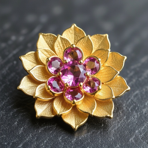 Gold-colored matte ring earrings. Diameter 1 cm. A flat lotus pendant with 6 petals. Pink quartz in the center of the lotus