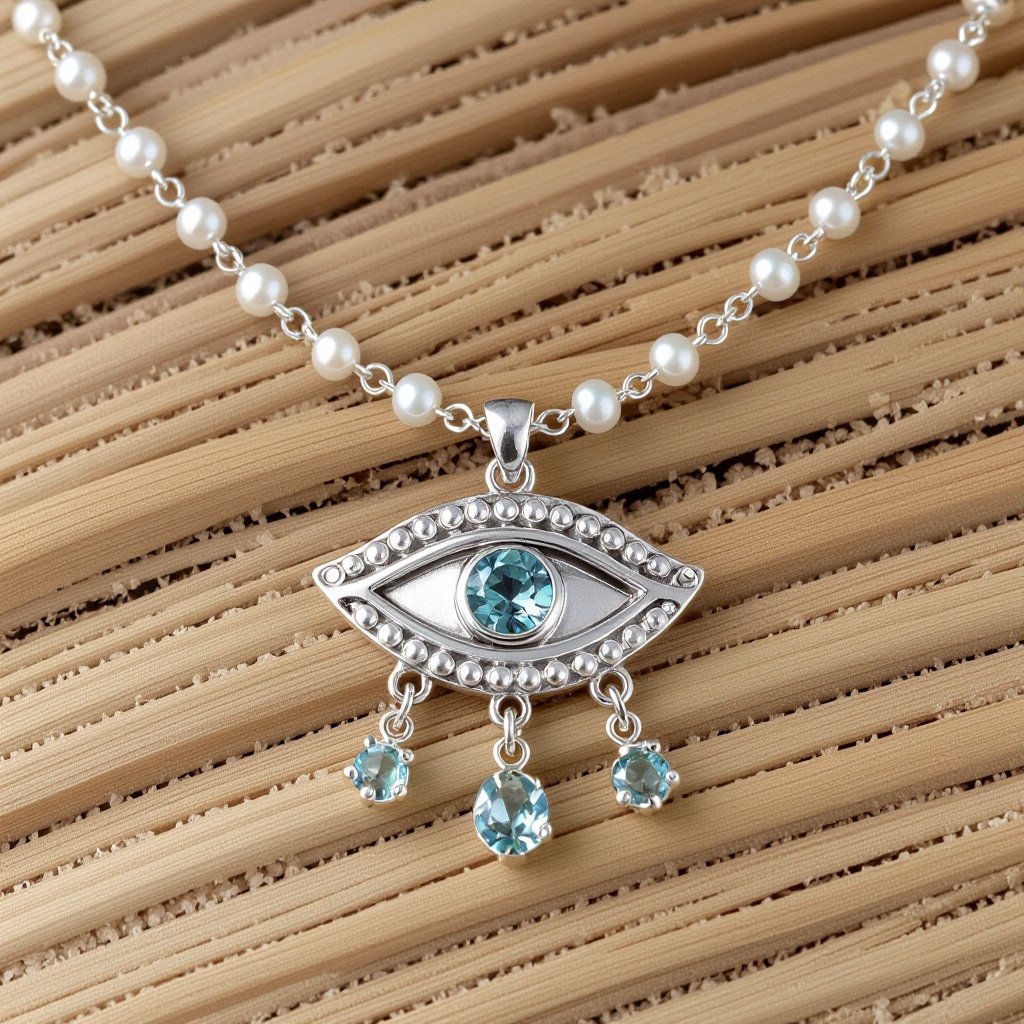 Тонкая цепочка с серебряными шариками и мелкими жемчужными камушками на цепочке есть кулон в форме глаза, зрачок глаза из аквамарина от глаза идет маленькая подвеска с маленькими камушками аквамарина 