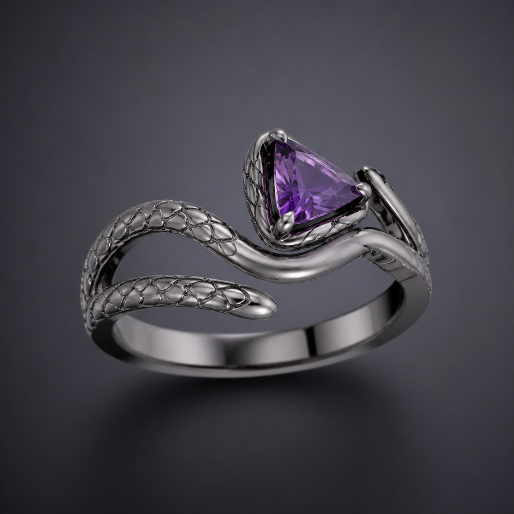 A women's ring made of titanium with amethyst stones suitable for wedding. Кольцо, на нём изображен камень треугольный, с изветвлением как змея,
photorealistic jewelry design, A women's ring made of titanium with amethyst stones suitable for wedding. Кольцо, на нём изображен камень треугольный, с изветвлением как змея,, modern style, just the design no text