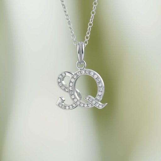 silver necklace with the pendant in letter letters SQ with white  stones. Make it cute and simple 