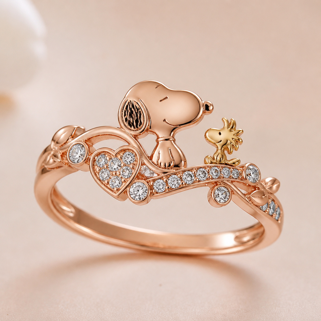 A women's ring made of rose gold with diamond stones suitable for wedding, detailed and decorative, moderately ornate. un muy elegante anillo con estilo característico de peanuts snoopy
photorealistic jewelry design, A women's ring made of rose gold with diamond stones suitable for wedding, detailed and decorative, moderately ornate. un muy elegante anillo con estilo característico de peanuts snoopy, modern style, just the design no text
