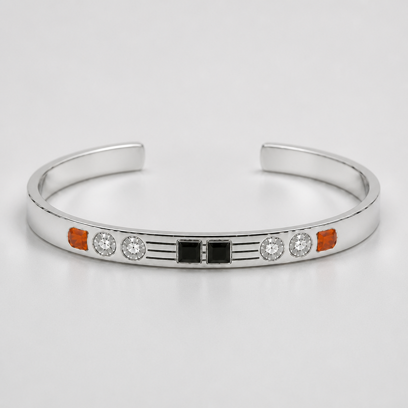 A women's bracelet made of silver. the lines are 4 not 3
using the attached image as a visual reference, create A women's bracelet made of silver. the lines are 4 not 3. photorealistic, just the design no text