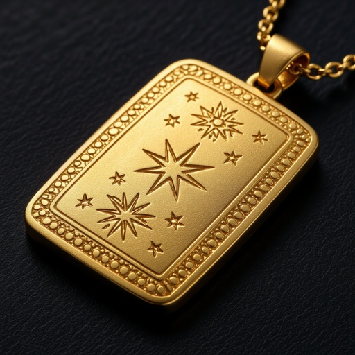 Золотой матовый медальон в форме неровного прямоугольника с округлыми краями. По краям выпуклые точки сплошной линией. На прямоугольнике разные мелкие узоры вырезаны. Символически изображена земля и звезды