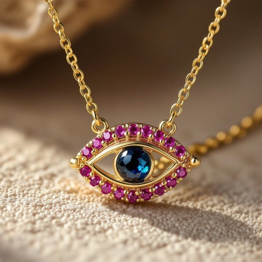 Тонкая цепочка с золотыми шариками и мелкими розовыми камушками на цепочке есть кулон в форме глаза, зрачок глаза из темно синего камня 