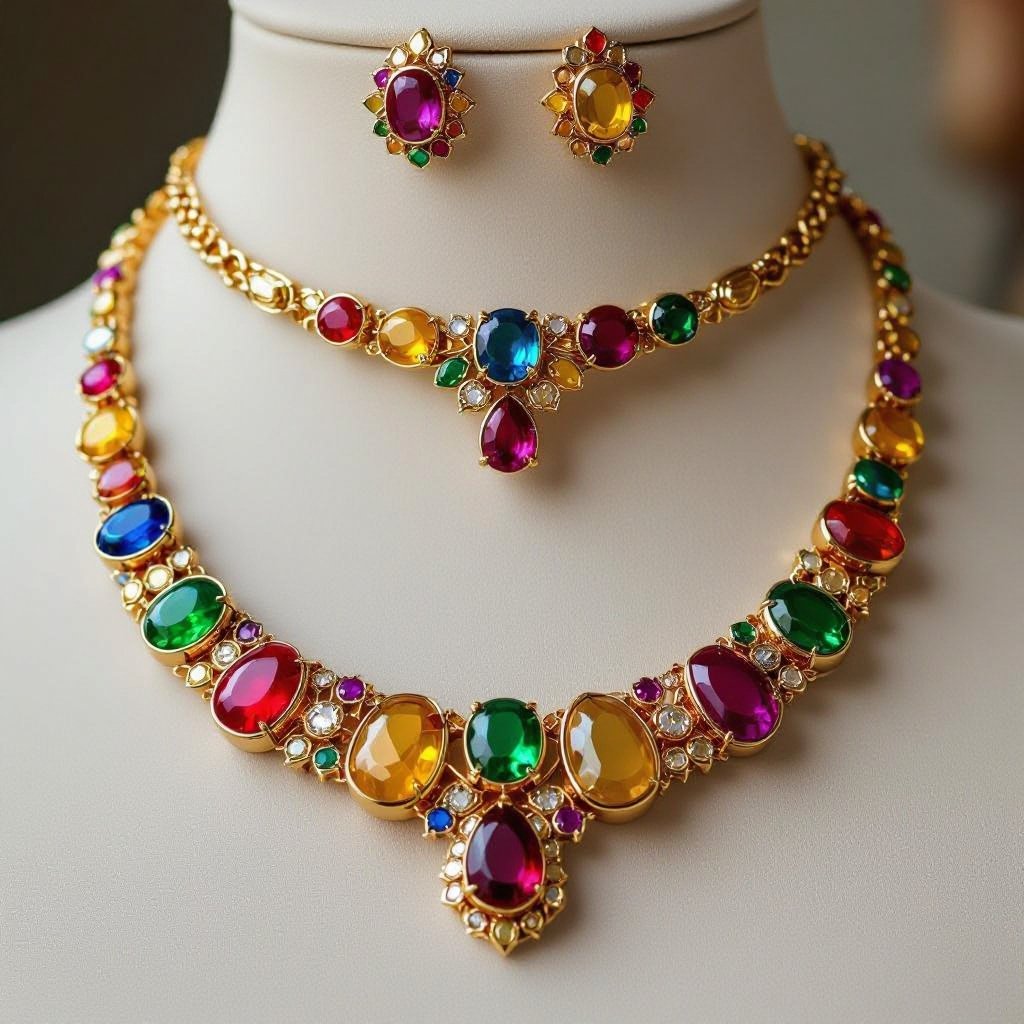 Necklace and ring and earring with luxury colorful jewel with gold
