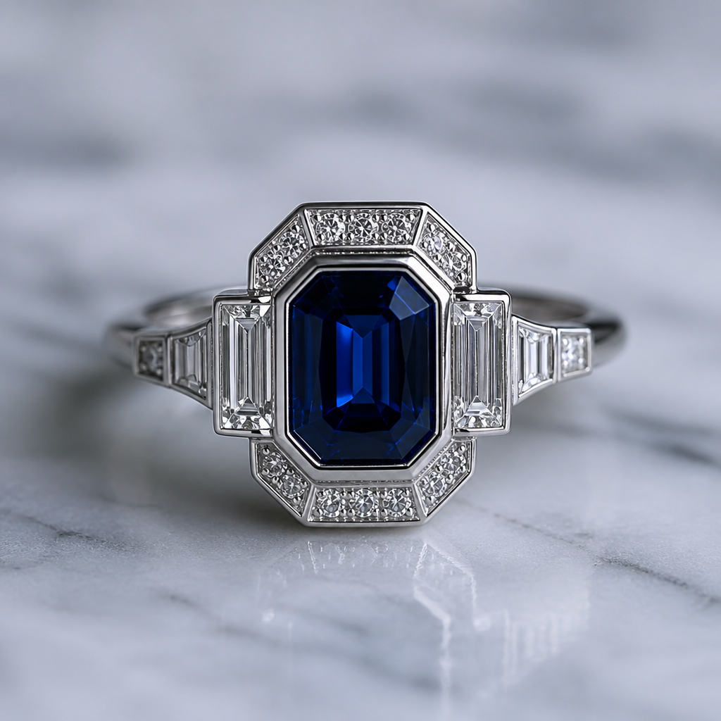 A women's ring. art déco 1920 or saphir bleu
photorealistic jewelry design, A women's ring. art déco 1920 or saphir bleu, modern style, just the design no text