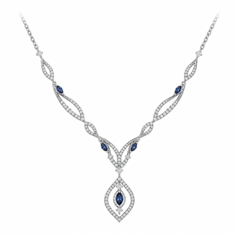 A african women's necklace made of white gold with diamond and sapphire stones suitable for daily wear, detailed and decorative, moderately ornate
using the attached image as a visual reference, create A african women's necklace made of white gold with diamond and sapphire stones suitable for daily wear, detailed and decorative, moderately ornate. photorealistic, just the design no text