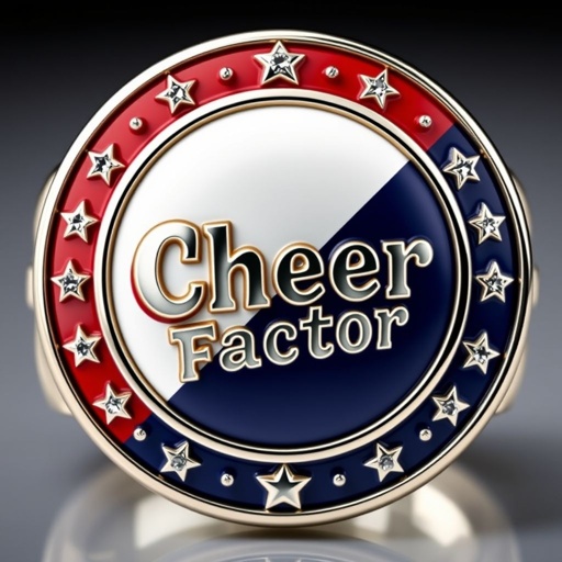 Red white and blue medal ring that says cheer factor
