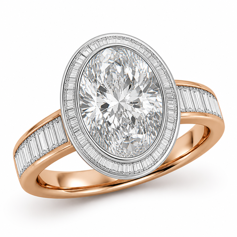 A photorealistic, high-end macro studio shot of a two-tone luxury engagement ring on a pure white background. The center stone is a massive 10.30 carat oval cut diamond (measuring exactly 16 mm x 11mm with a length-to-width ratio of 1.45, set flush inside a minimal platinum full bezel. Wrapping completely around the entire circumference of the platinum bezel—including the front and back (North and South) edges—is a seamless, flush channel of step-cut tapered baguette diamonds. This continuous baguette halo flows flawlessly downward into a solid 14k rose gold band. The baguettes stop halfway down the rose gold band. Zero gaps between the stones. 8k resolution, ray-traced reflections, sharp focus, architectural jewelry design.
edit the attached jewelry design with these instructions: A photorealistic, high-end macro studio shot of a two-tone luxury engagement ring on a pure white background. The center stone is a massive 10.30 carat oval cut diamond (measuring exactly 16 mm x 11mm with a length-to-width ratio of 1.45, set flush inside a minimal platinum full bezel. Wrapping completely around the entire circumference of the platinum bezel—including the front and back (North and South) edges—is a seamless, flush channel of step-cut tapered baguette diamonds. This continuous baguette halo flows flawlessly downward into a solid 14k rose gold band. The baguettes stop halfway down the rose gold band. Zero gaps between the stones. 8k resolution, ray-traced reflections, sharp focus, architectural jewelry design.. keep it photorealistic, just the design no text