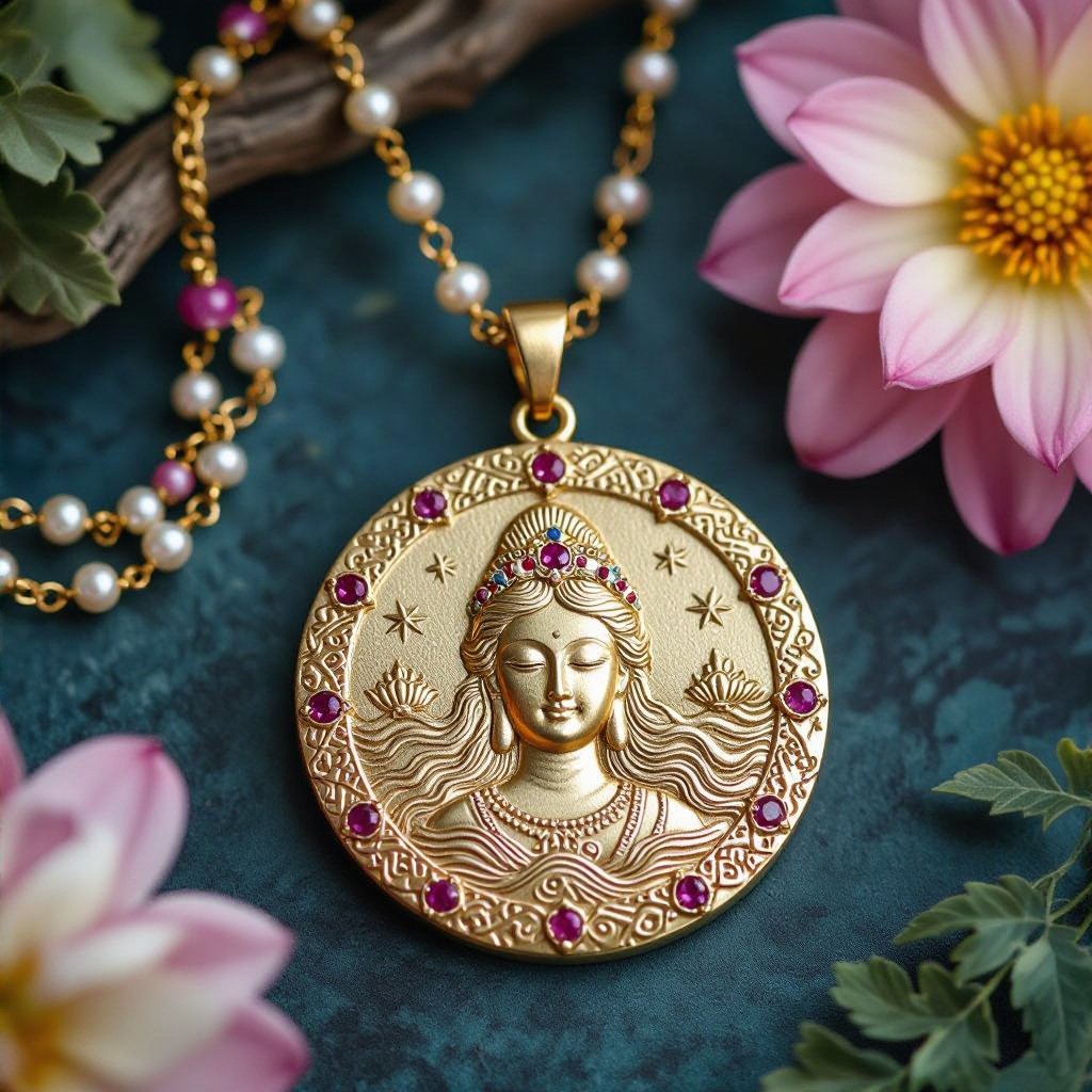 Кулон на длинной цепочке. Матовое светлое золото. В цепочке небольшие золотые шарики и розовые камушки и жемчуга. Кулон в форме неровного мятого круга. На круге изображена богиня кали с длинными волосами лица не видно. Круг украшен лотосами звездами волнами узорами
