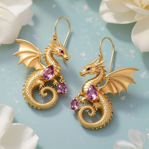 Золотые матовые серьги с изображением дракона узоры и камни мелкие раузтопаз