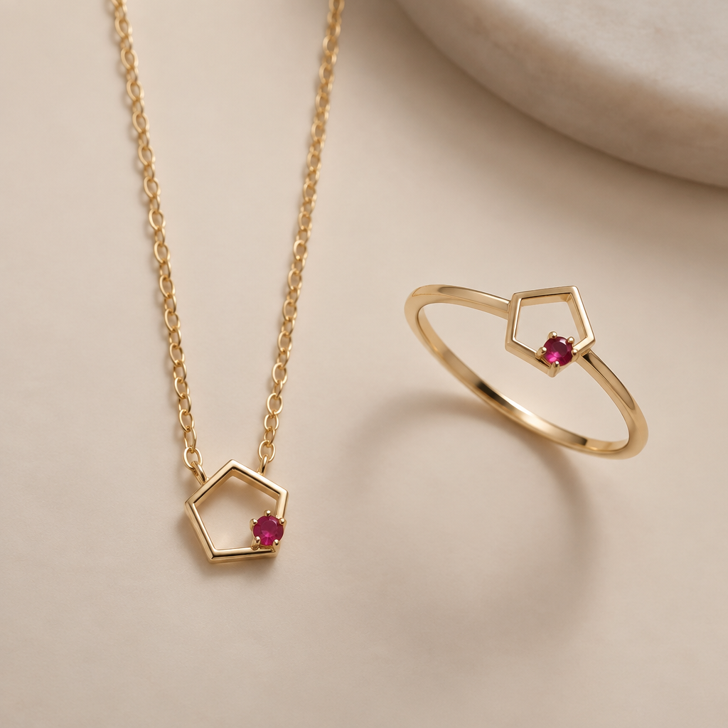 A women's ring. a necklace with small pentagon design and little ruby gem on the pentagon
photorealistic jewelry design, A women's ring. a necklace with small pentagon design and little ruby gem on the pentagon, modern style, just the design no text