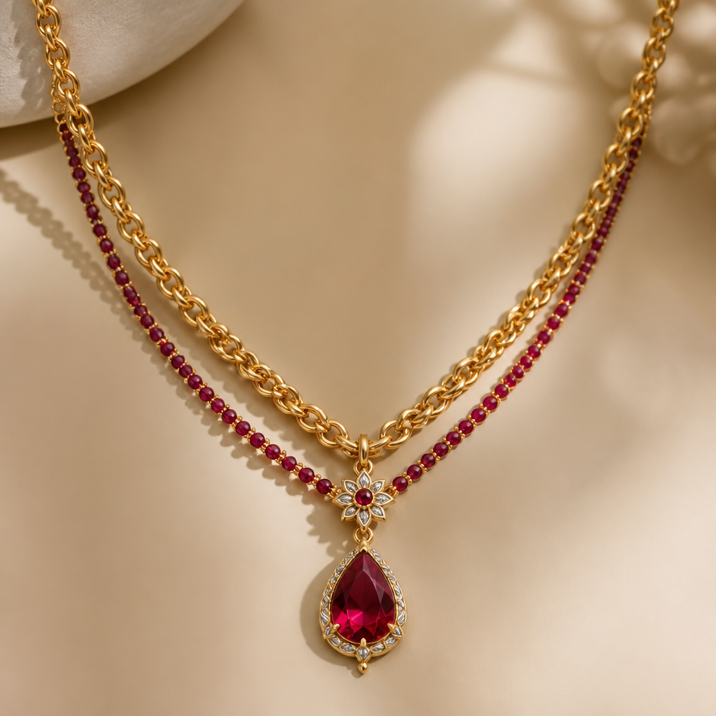 A asian-inspired women's necklace made of mixed metal with ruby and garnet stones suitable for wedding, detailed and decorative, moderately ornate. uma colar com elo cordao baiano, junto desse cordao um linha com alguma pedra vermelha e pra finalizar uma pedra como pingente
photorealistic jewelry design, A asian-inspired women's necklace made of mixed metal with ruby and garnet stones suitable for wedding, detailed and decorative, moderately ornate. uma colar com elo cordao baiano, junto desse cordao um linha com alguma pedra vermelha e pra finalizar uma pedra como pingente, asian_inspired style, just the design no text