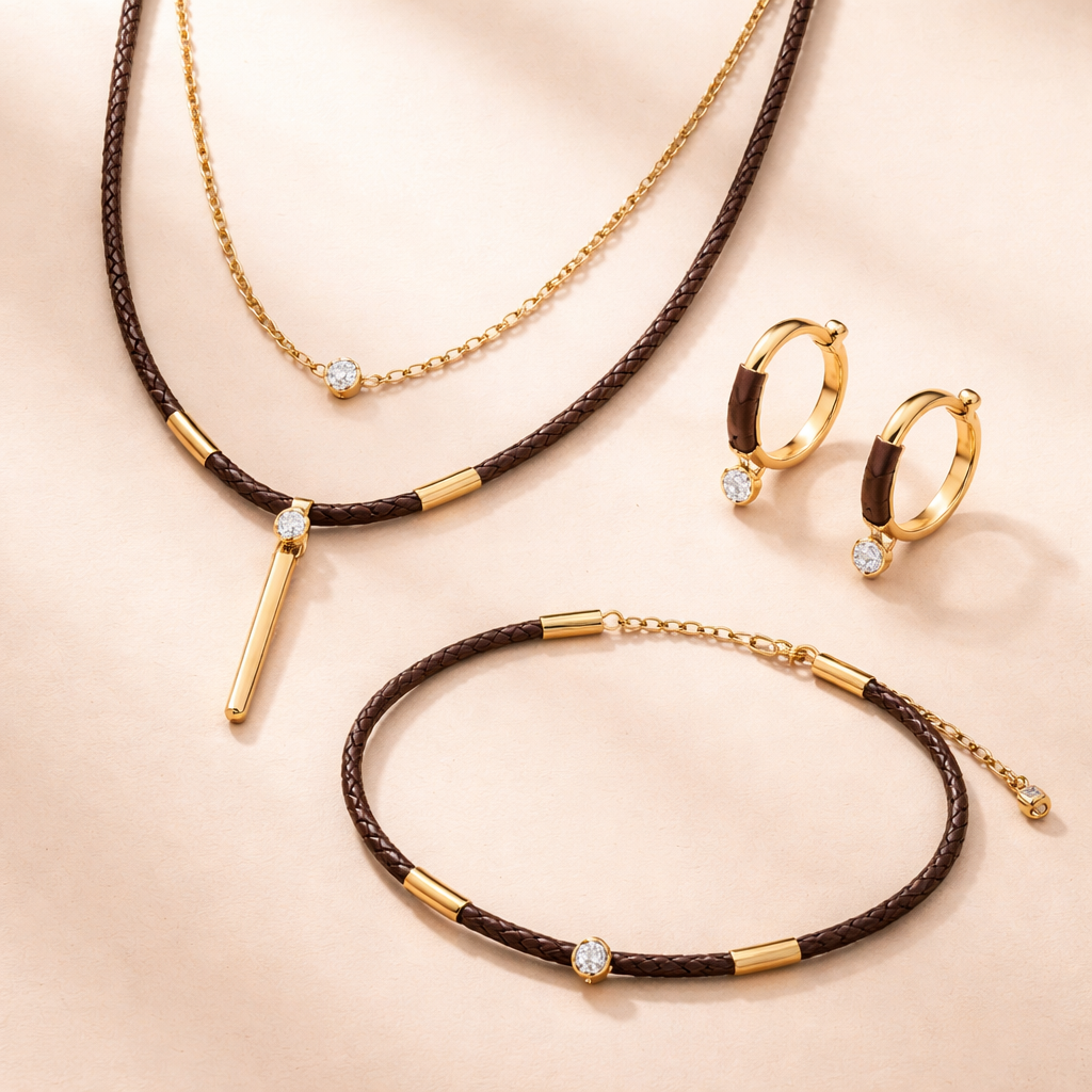 Simple jewelry ensemble with diamonds with leather design , in gold