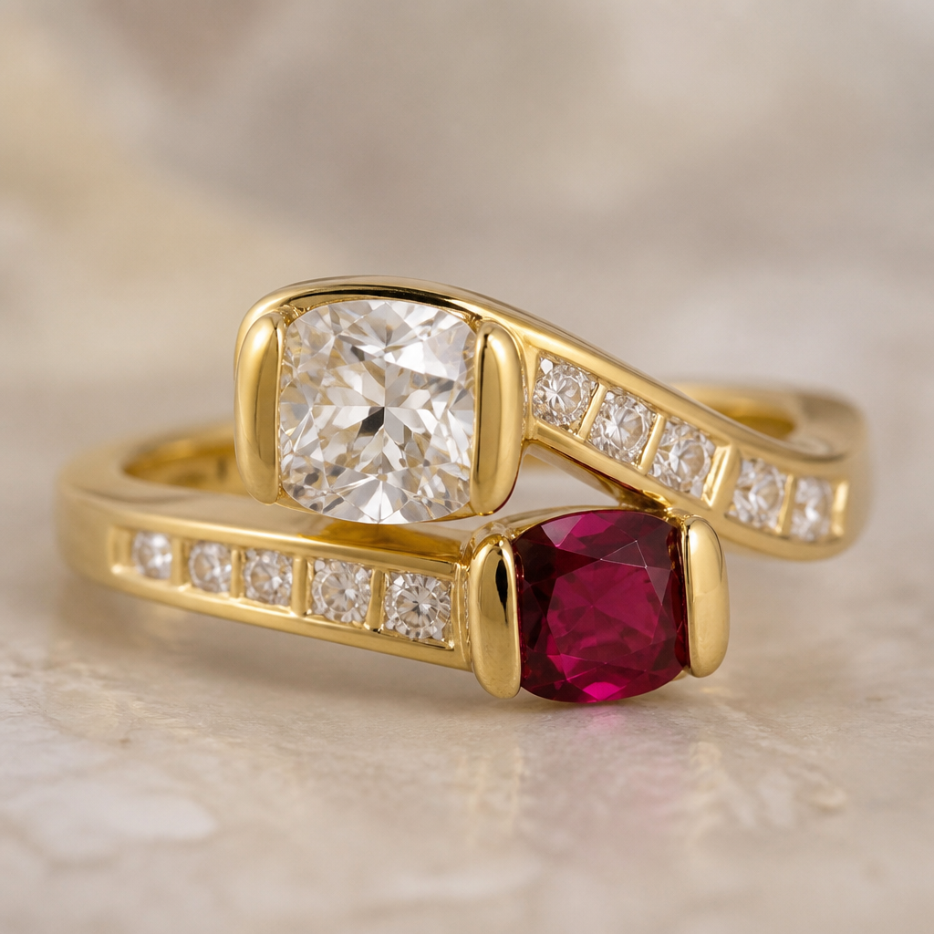 A art deco women's ring made of gold with diamond stones suitable for engagement. vintage-style crossover engagement ring featuring a cushion-cut diamond and a small 1 carat cushion-cut ruby in a gold tension setting
photorealistic jewelry design, A art deco women's ring made of gold with diamond stones suitable for engagement. vintage-style crossover engagement ring featuring a cushion-cut diamond and a small 1 carat cushion-cut ruby in a gold tension setting, art_deco style, just the design no text