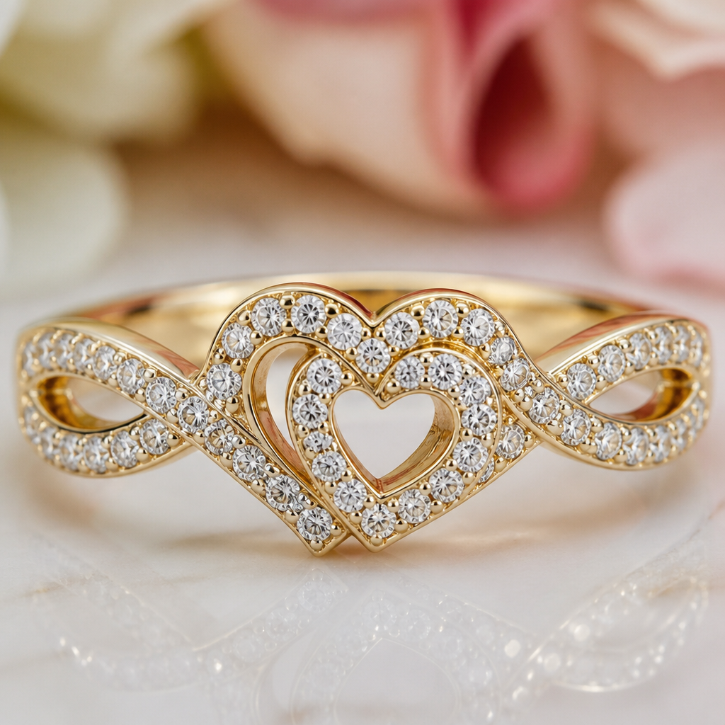 A romantic women's ring made of gold with diamond stones suitable for engagement. one of a kind custom infinite love wedding rings where two hearts meet in the center of infinite love shrouded In an array of diamonds
photorealistic jewelry design, A romantic women's ring made of gold with diamond stones suitable for engagement. one of a kind custom infinite love wedding rings where two hearts meet in the center of infinite love shrouded In an array of diamonds, romantic style, just the design no text