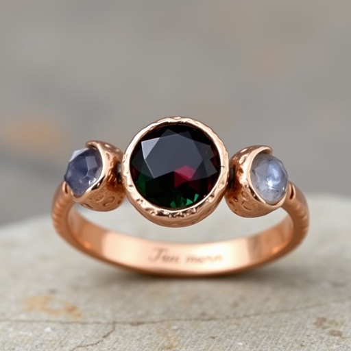 A simple rose gold engagement ring set with a circular alexandrite. Also set with a small half moon blue chalcedony on one side right next to it, and a small half moon moonstone set on the other side right next to it. On the inside of the band, it has an inscription reading, “Tuum. Et in hac vita et in altera.”