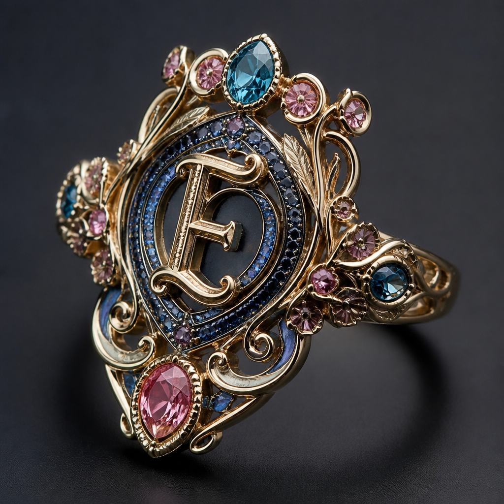 A art nouveau women's ring, highly ornate, intricate and elaborate, richly detailed. anel de 15 anos com inicial E com pedras azul e rosa
photorealistic jewelry design, A art nouveau women's ring, highly ornate, intricate and elaborate, richly detailed. anel de 15 anos com inicial E com pedras azul e rosa, art_nouveau style, just the design no text