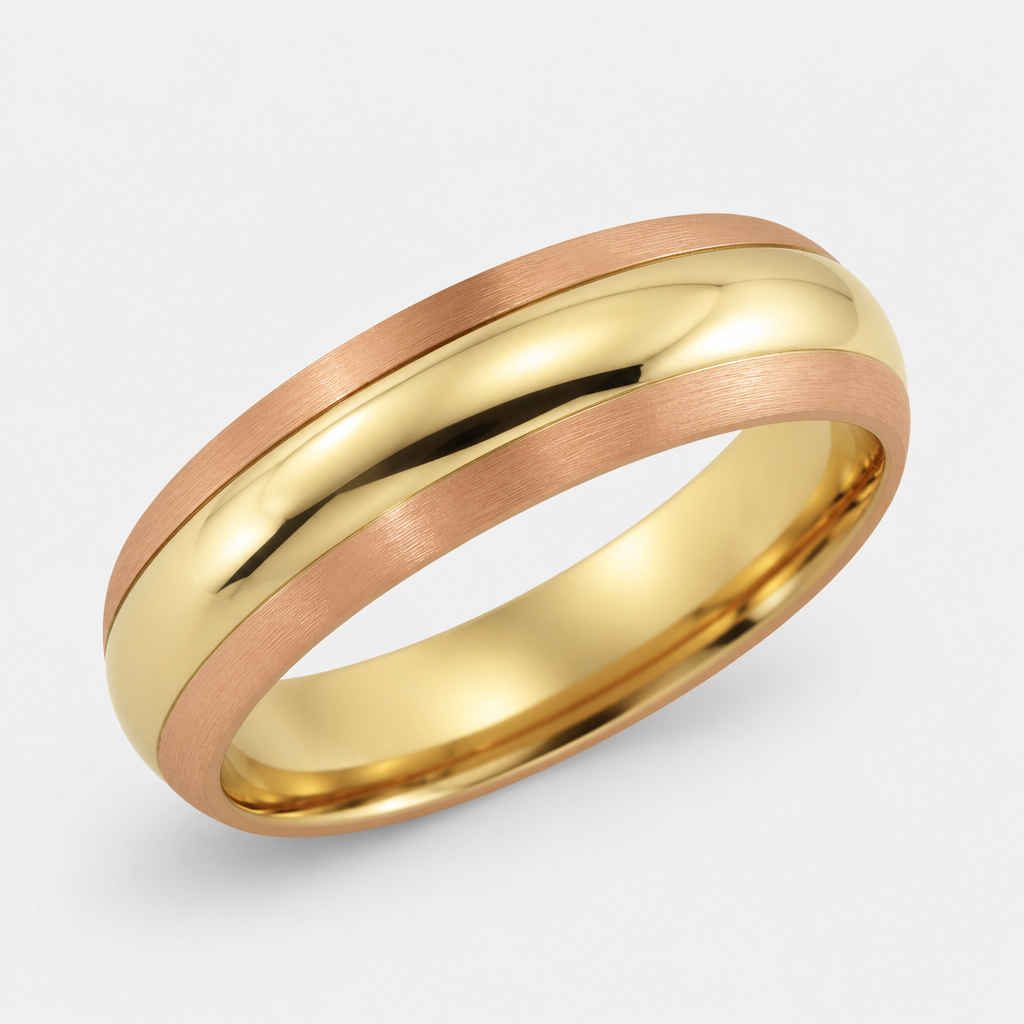 A women's ring. aliança abaulada com as extremidades do Contorno em Ouro Vermelho escovado e no centro ouro amarelo polido
photorealistic jewelry design, A women's ring. aliança abaulada com as extremidades do Contorno em Ouro Vermelho escovado e no centro ouro amarelo polido, modern style, just the design no text